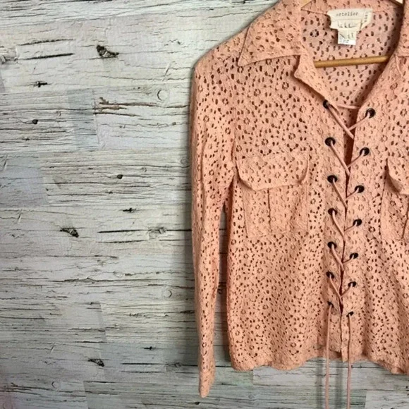Artelier Nicole miller pink lace up lace blouse  size p (xs) - Picture 2 of 11